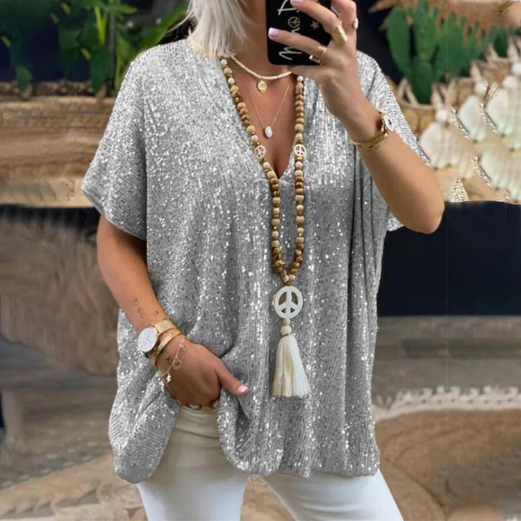 Aida - Camiseta de lentejuelas con cuello de pico