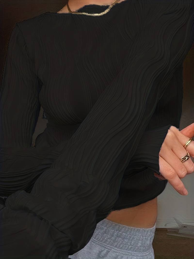 Women's Fitted Top - 3D Textured Pattern - High Neck - Long Sleeve Stretch Fabric