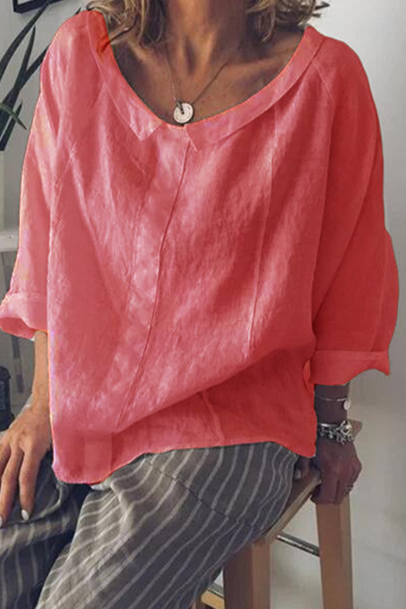 Women's Casual Top - Lightweight Cotton - Oversized Fit - Round Neck - 3/4 Sleeve