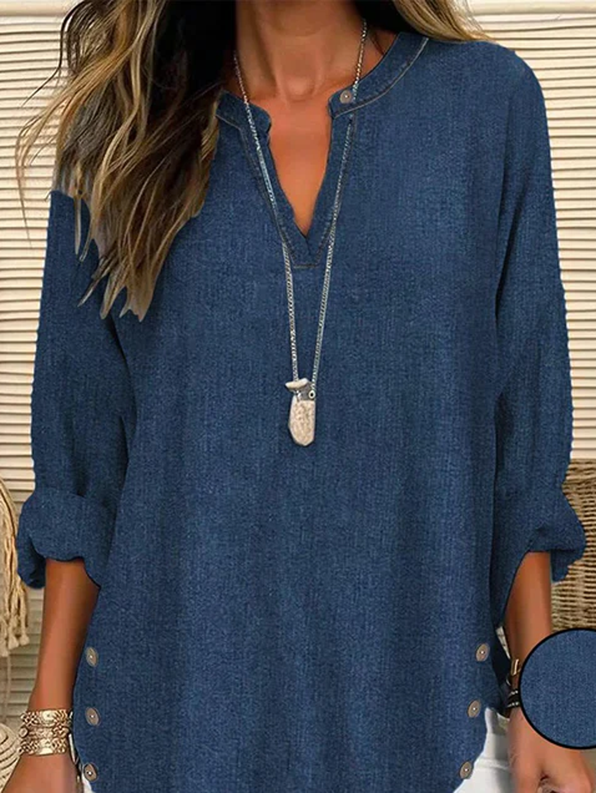 Daniela - Blusa de manga larga para mujer Primavera/Otoño Simple Buckle Notched Everyday Going Out Casual Top Azul