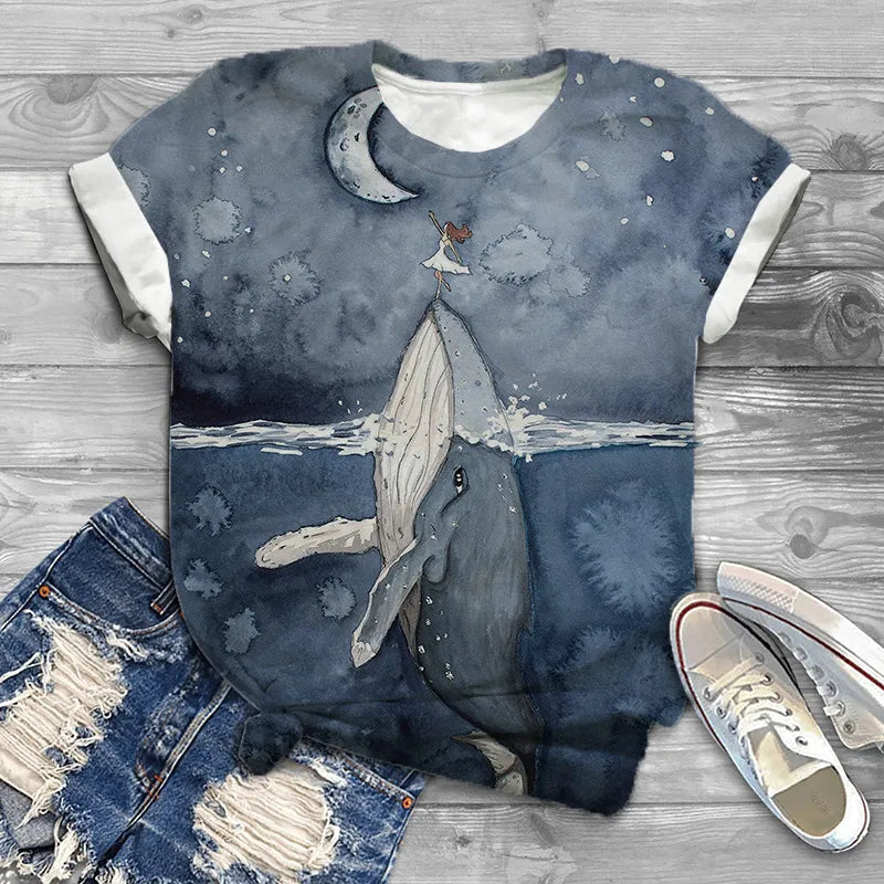Camiseta casual de mujer con estampado de ballena jorobada