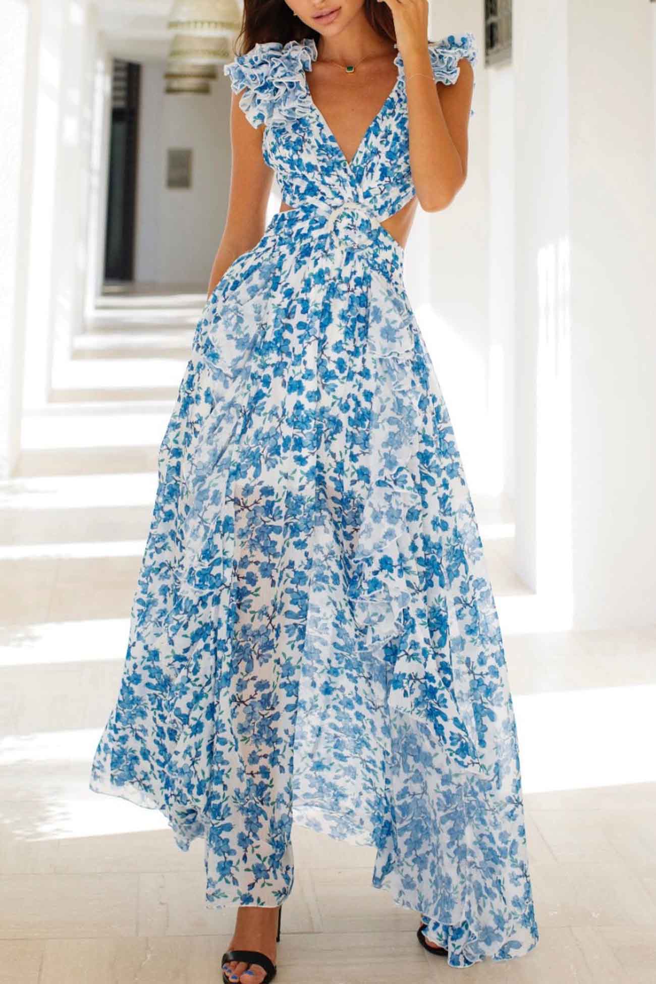 Women’s Maxi Dress – Deep V-Neck – Ruffled Sleeve – Cut-Out Waist – High Slit Skirt