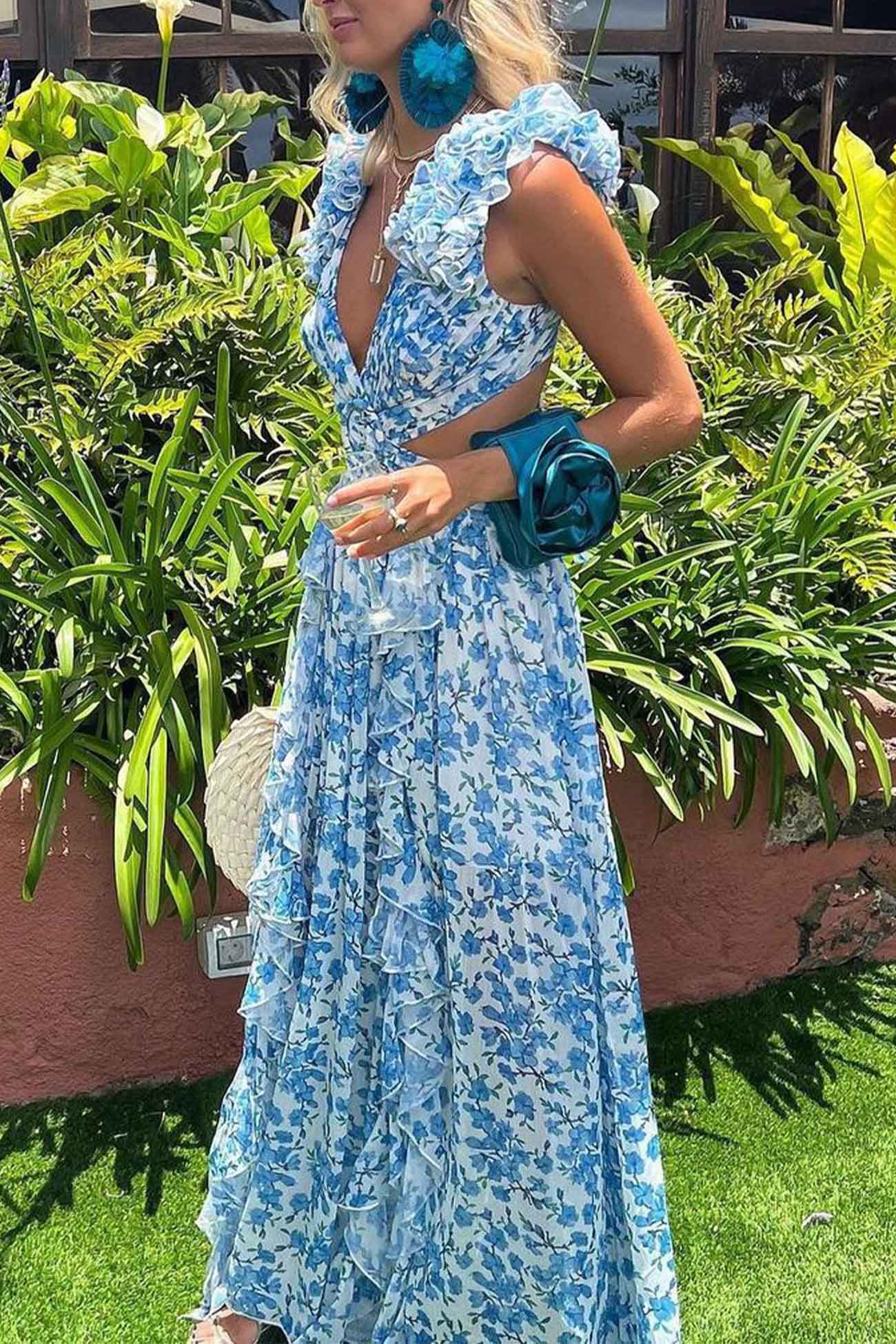 Women’s Maxi Dress – Deep V-Neck – Ruffled Sleeve – Cut-Out Waist – High Slit Skirt