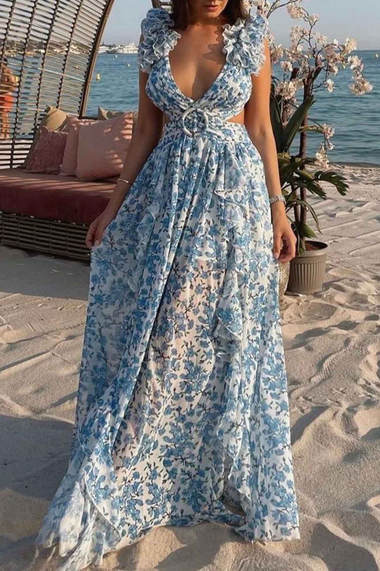 Women’s Maxi Dress – Deep V-Neck – Ruffled Sleeve – Cut-Out Waist – High Slit Skirt