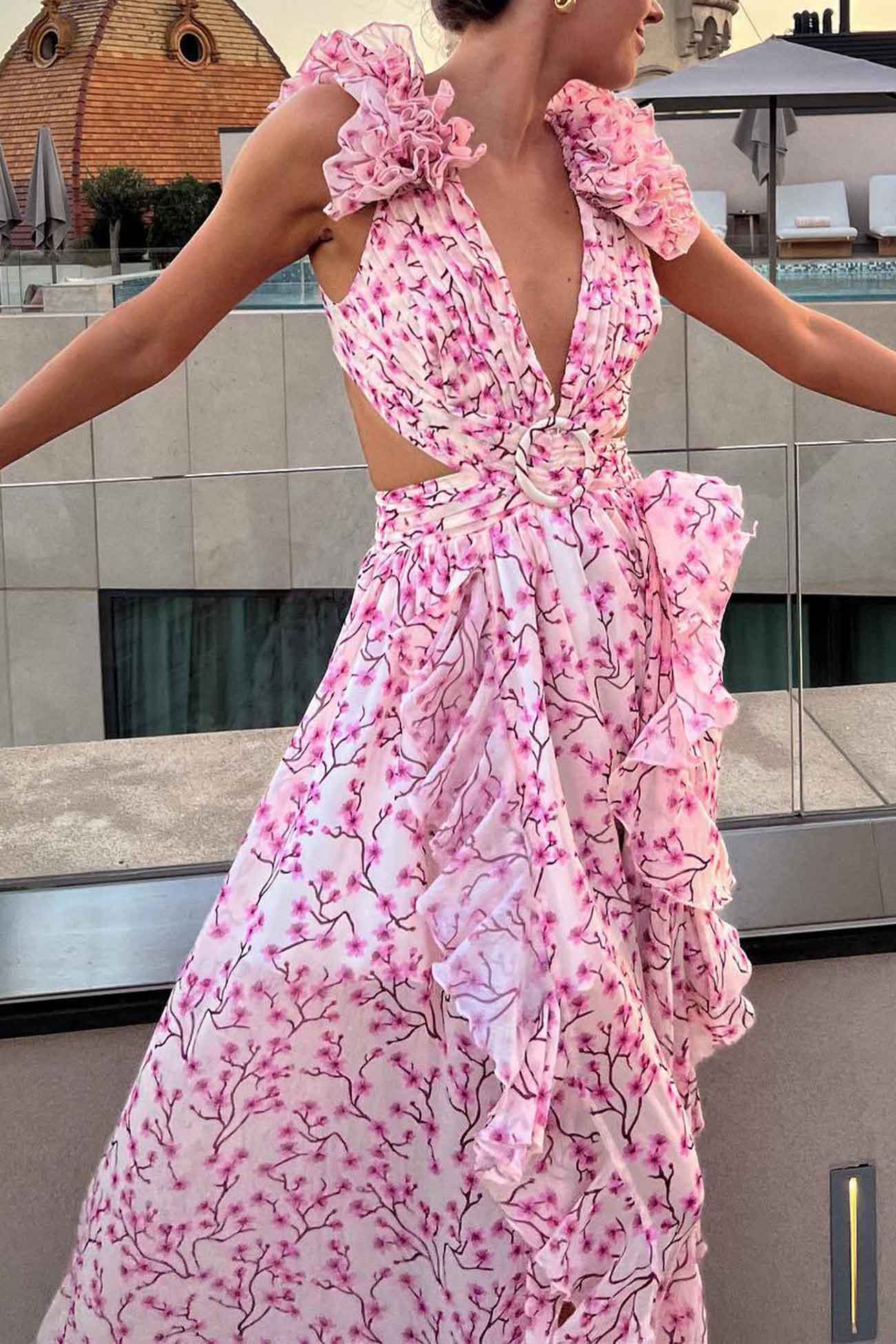 Women’s Maxi Dress – Deep V-Neck – Ruffled Sleeve – Cut-Out Waist – High Slit Skirt