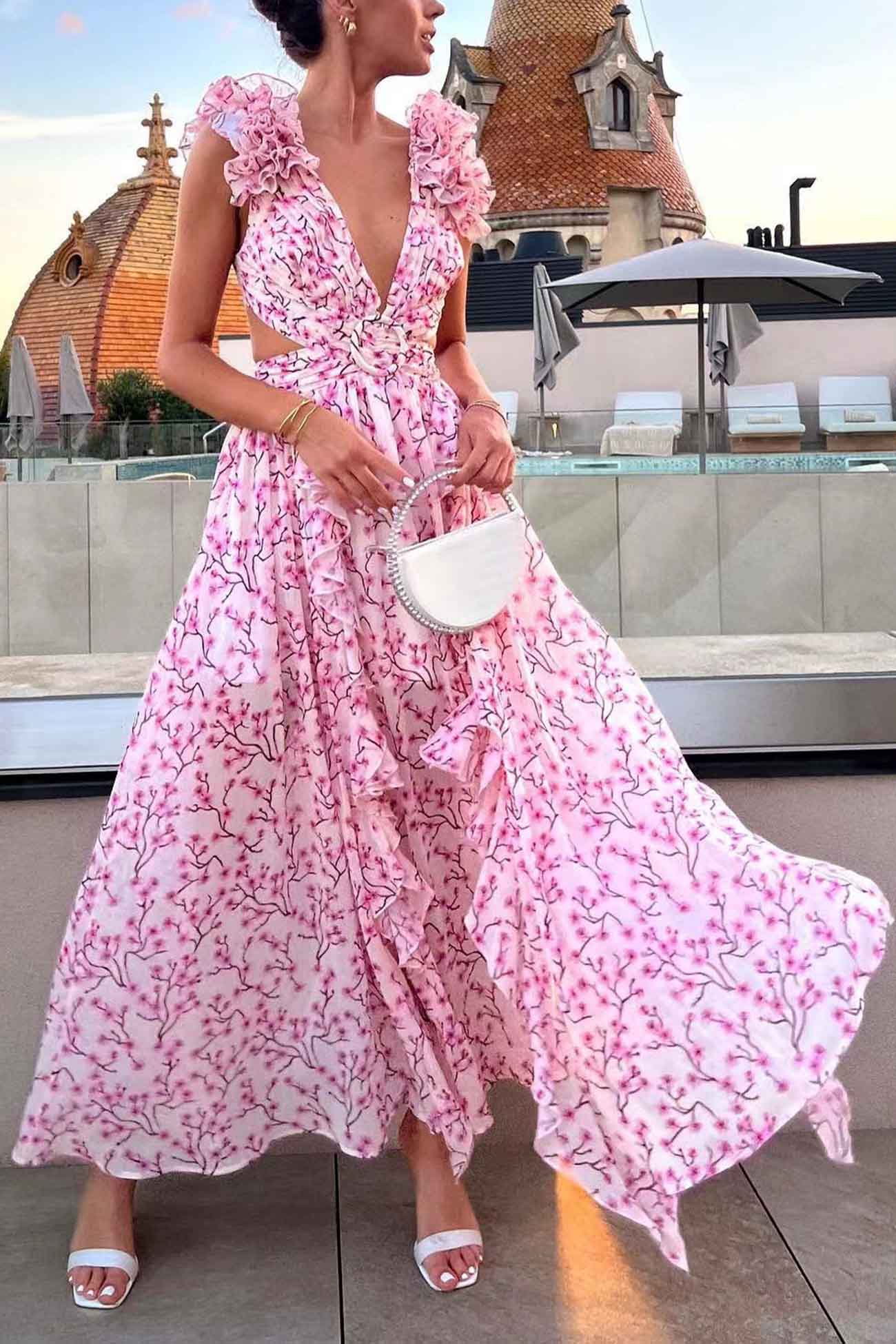 Women’s Maxi Dress – Deep V-Neck – Ruffled Sleeve – Cut-Out Waist – High Slit Skirt