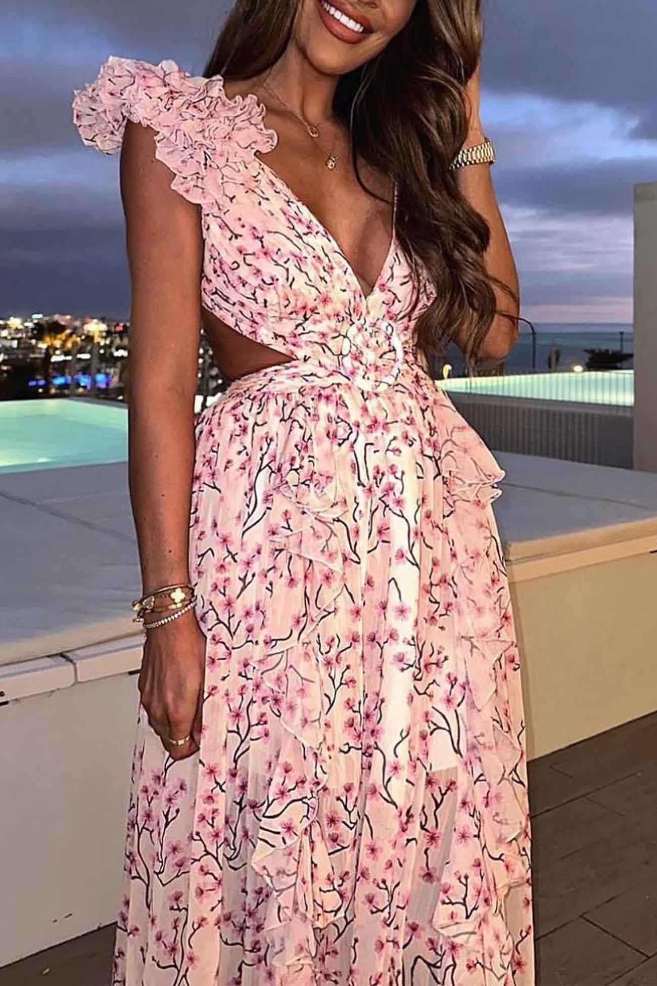 Women’s Maxi Dress – Deep V-Neck – Ruffled Sleeve – Cut-Out Waist – High Slit Skirt