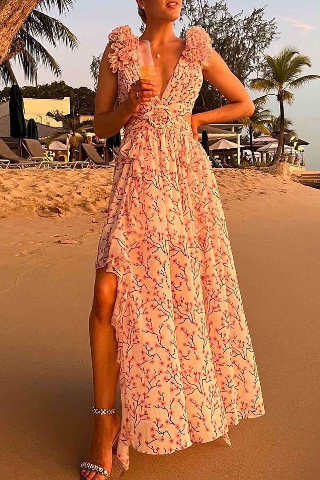 Women’s Maxi Dress – Deep V-Neck – Ruffled Sleeve – Cut-Out Waist – High Slit Skirt