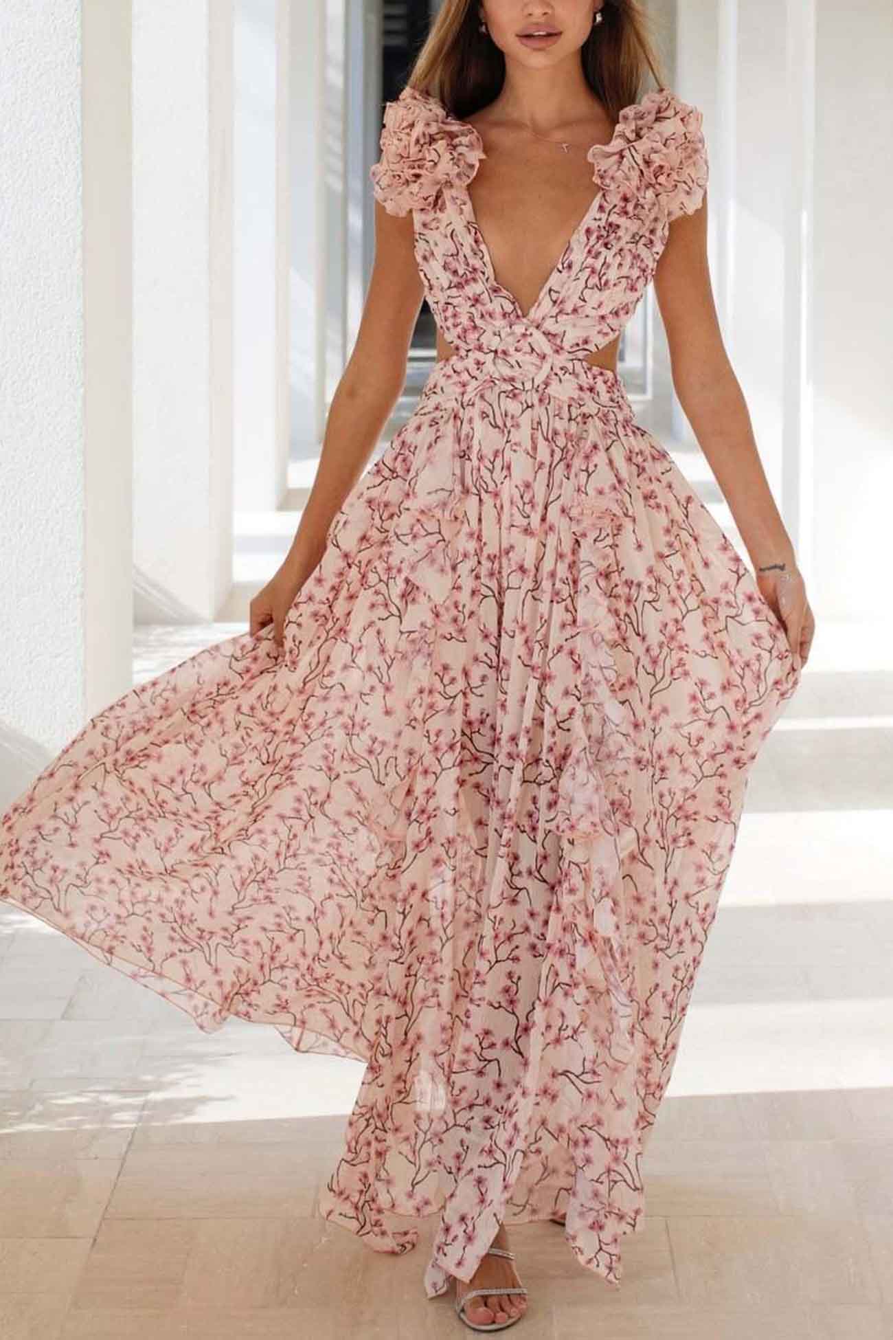 Women’s Maxi Dress – Deep V-Neck – Ruffled Sleeve – Cut-Out Waist – High Slit Skirt