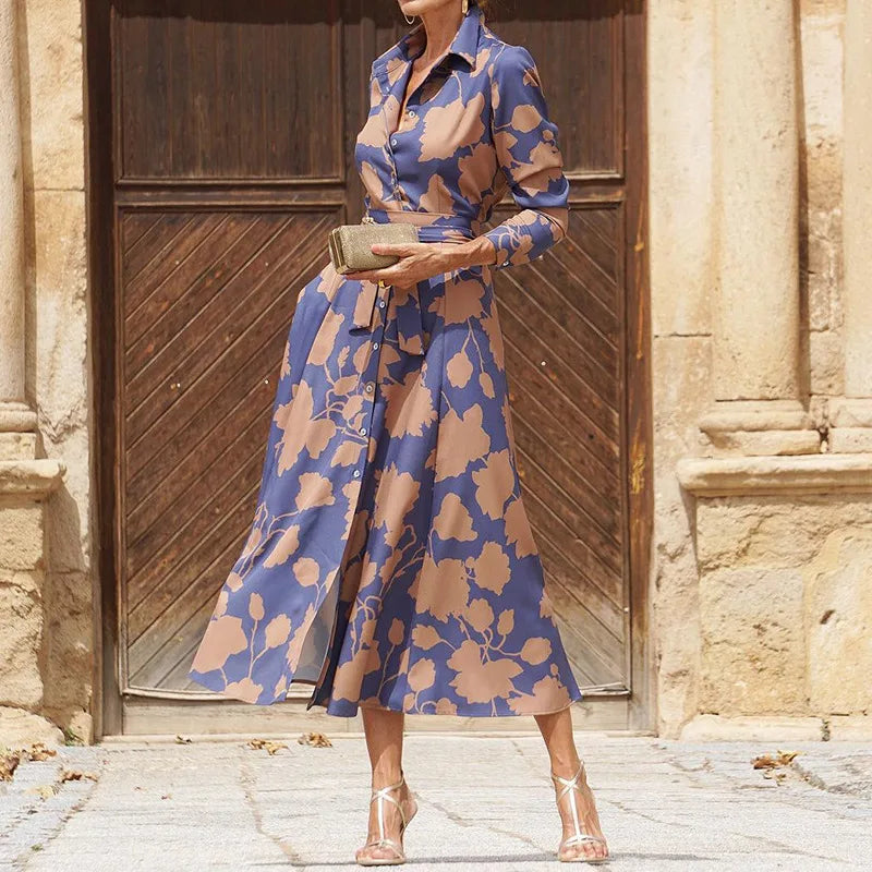 Women's Shirt Dress - Long Sleeve Button Down - Floral Print - Belted Waist