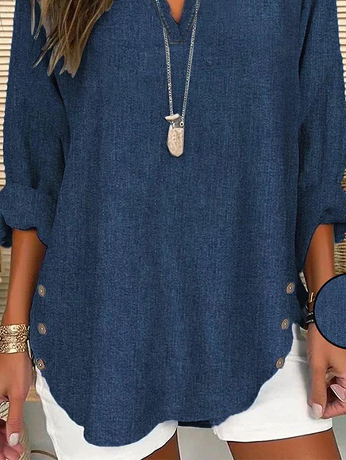 Daniela - Blusa de manga larga para mujer Primavera/Otoño Simple Buckle Notched Everyday Going Out Casual Top Azul