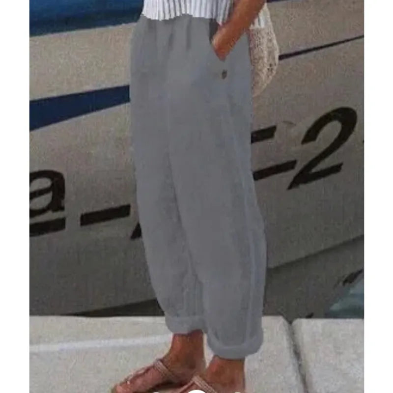Gemma - pantalón casual de algodón y lino estampado para mujer