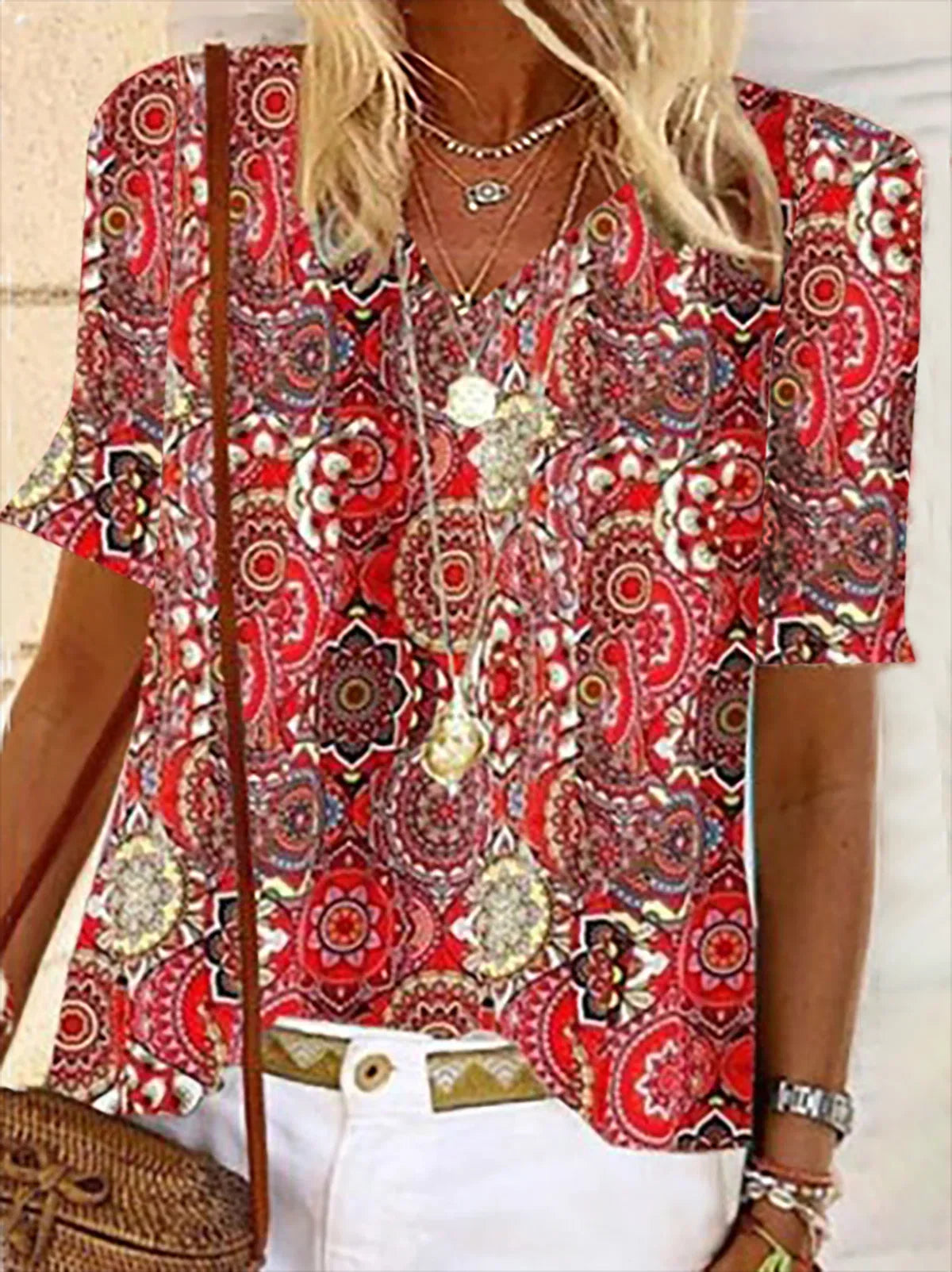 Diana - Blusa Mujer Manga 3/4 Cuello V Abstracto Floral Colorido Verano