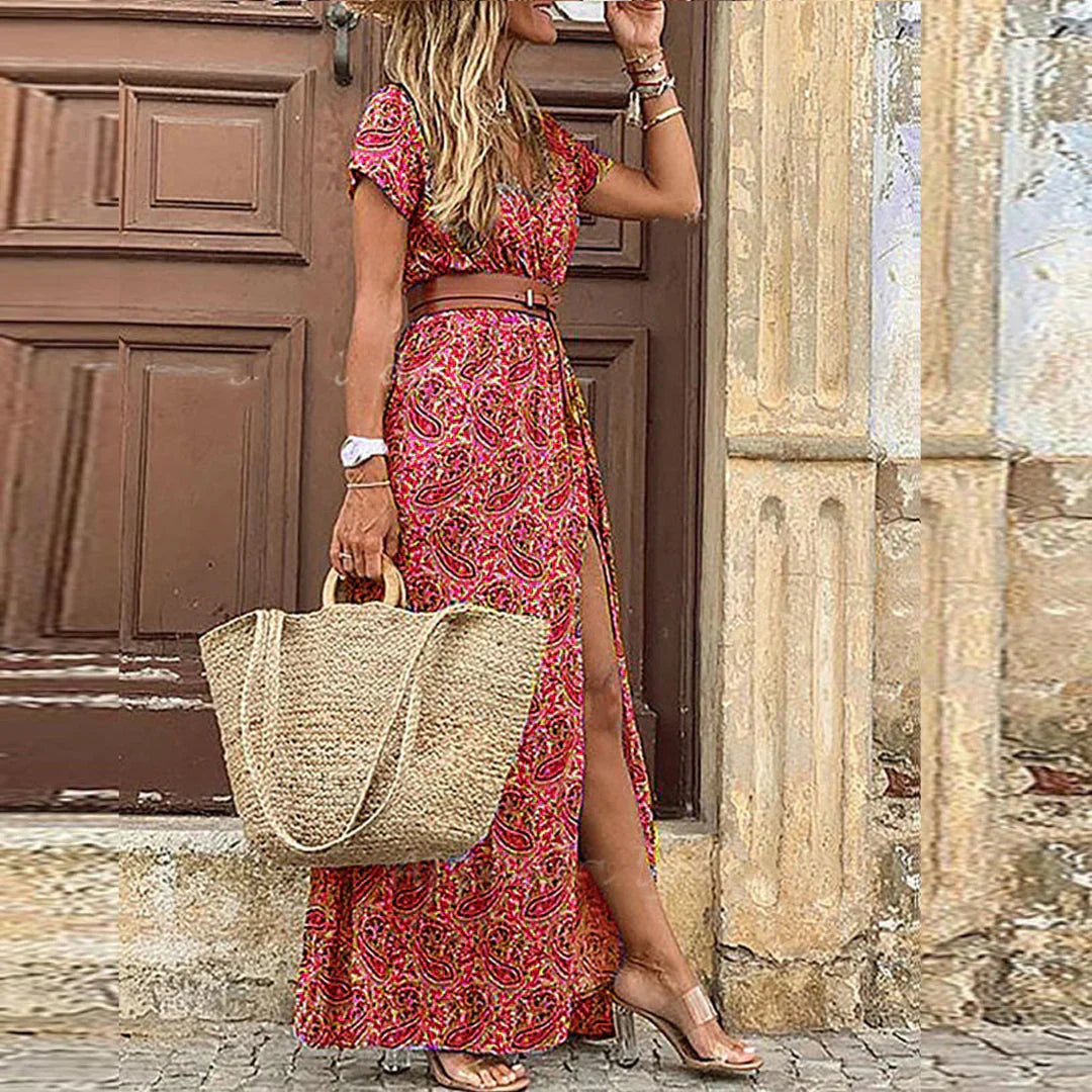 Drina | Vestido largo bohemio con cintura fruncida