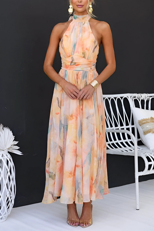Élise | Robe longue dos nu à imprimé aquarelle