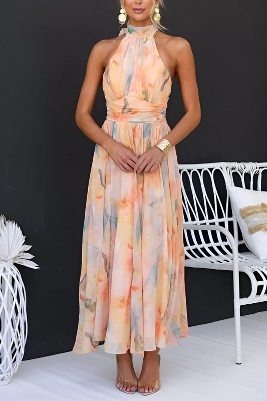 Élise | Robe longue dos nu à imprimé aquarelle