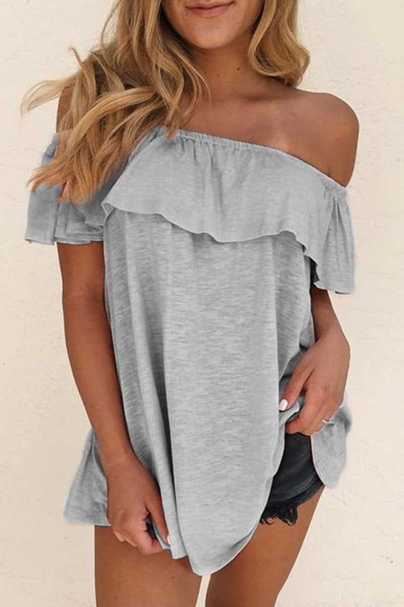 Women's Off-Shoulder Blouse - Relaxed Fit - Ruffle Detail - Short Sleeve Casual Wear