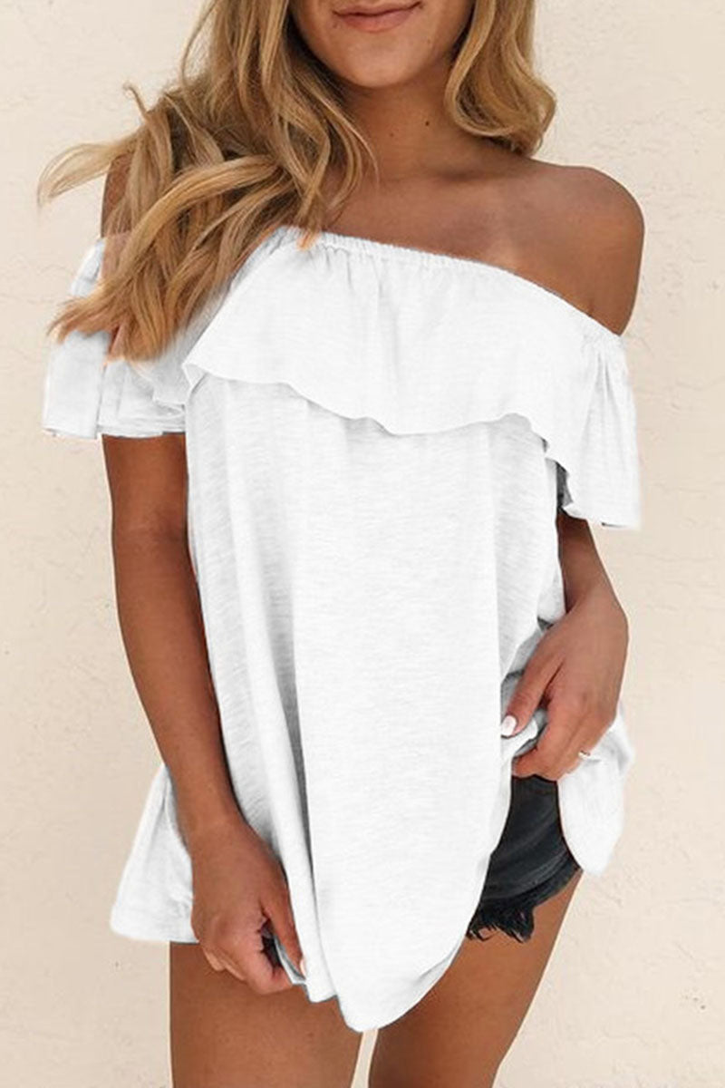 Women's Off-Shoulder Blouse - Relaxed Fit - Ruffle Detail - Short Sleeve Casual Wear