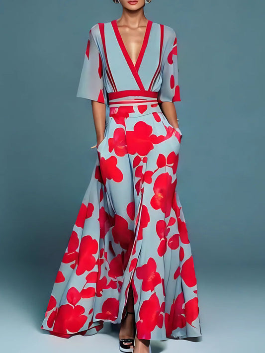 Vestido largo elegante con estampado floral y escote en V
