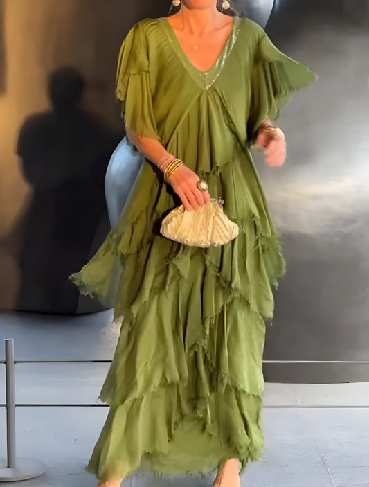 Vestido elegante plisado con escote en V, ideal para cualquier ocasión