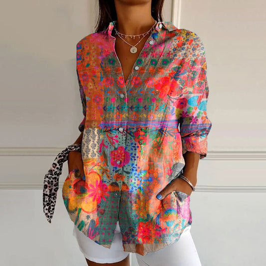 Vintage Floral Print Button-Up Blouse
