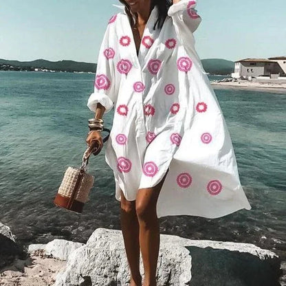 Women's Shirtdress - Oversized Loose Fit - Long Sleeve Button Down - Lightweight Casual Wear