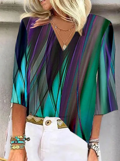 Diana - Blusa Mujer Manga 3/4 Cuello V Abstracto Floral Colorido Verano