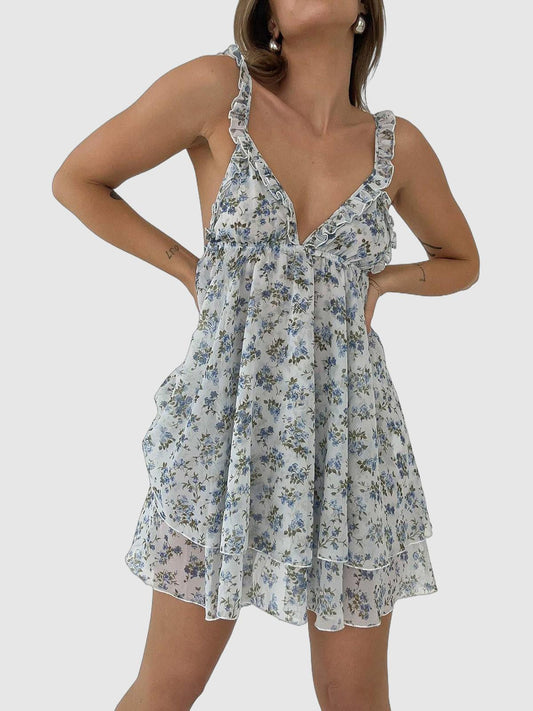 Multicolor Floral Print Halter Tie Mini Dress - Lightweight Summer Outfit