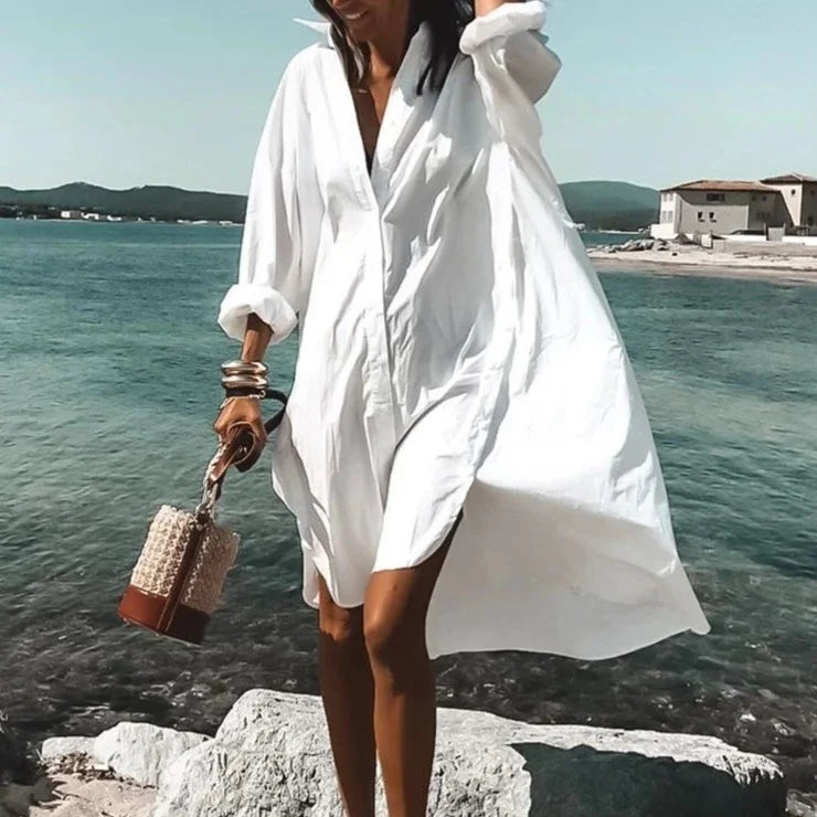 Women's Shirtdress - Oversized Loose Fit - Long Sleeve Button Down - Lightweight Casual Wear