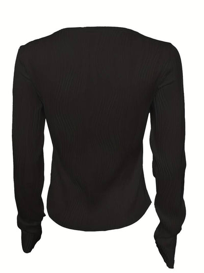 Women's Fitted Top - 3D Textured Pattern - High Neck - Long Sleeve Stretch Fabric