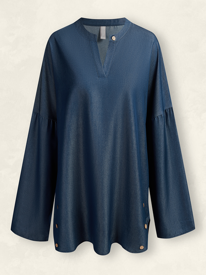 Daniela - Blusa de manga larga para mujer Primavera/Otoño Simple Buckle Notched Everyday Going Out Casual Top Azul