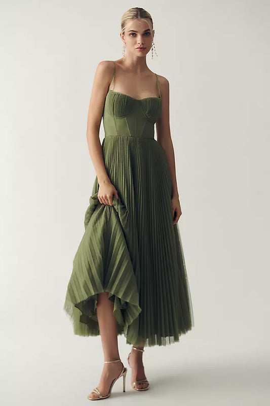 Bustier Pleated Fit & Flare Midi Dress