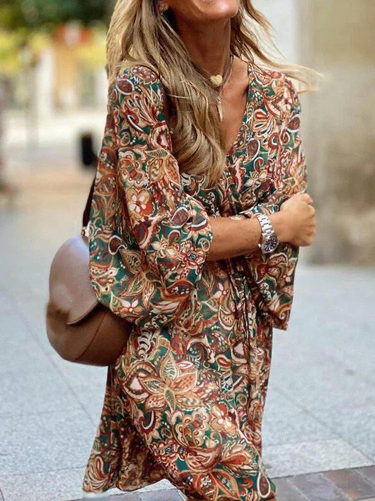 Boho Vintage Print Mini Dress - Stylish Summer Casual V-Neck Short Dress