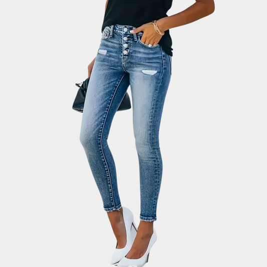 Women's Skinny Jeans - High-Waisted - Button-Fly - Ankle-Length - Stretch Denim