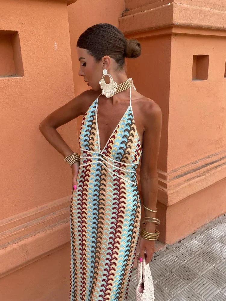 Women's Elegant Deep V-Neck Sleeveless Halter Summer Dress