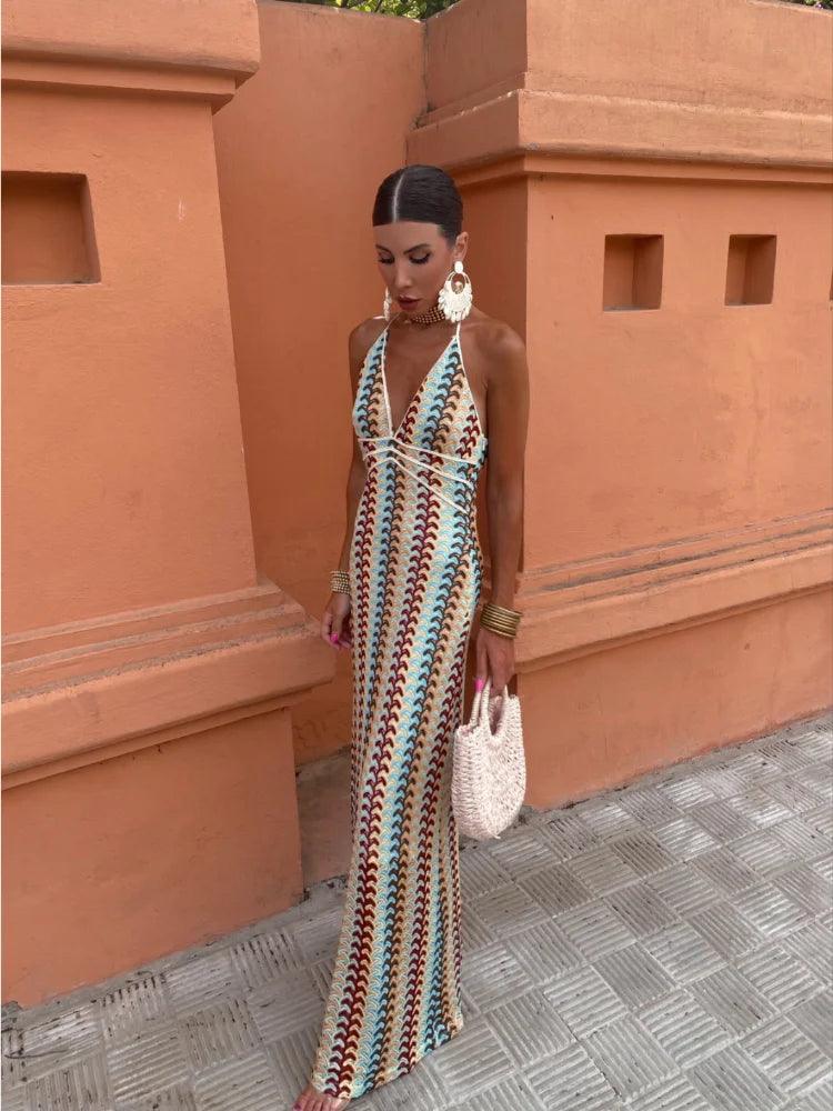Women's Elegant Deep V-Neck Sleeveless Halter Summer Dress