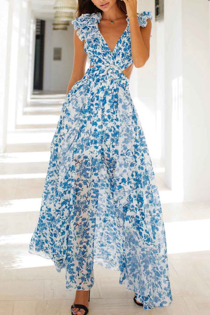 Women’s Maxi Dress – Deep V-Neck – Ruffled Sleeve – Cut-Out Waist – High Slit Skirt