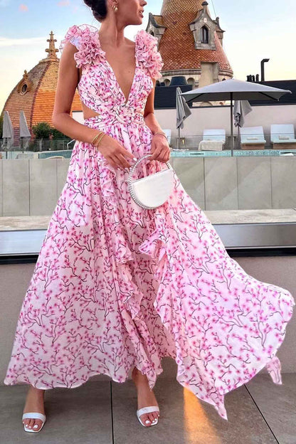 Women’s Maxi Dress – Deep V-Neck – Ruffled Sleeve – Cut-Out Waist – High Slit Skirt