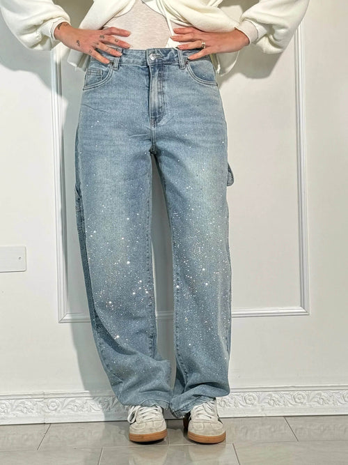 Women’s Jeans – Balloon Fit – Sparkling Embellished Details – Full Length Denim