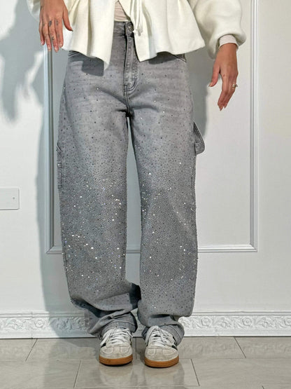 Women’s Jeans – Balloon Fit – Sparkling Embellished Details – Full Length Denim