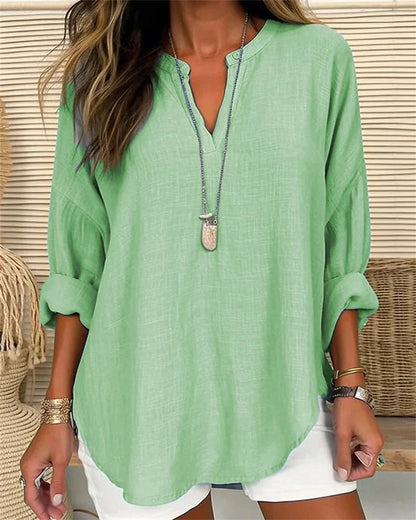 Women’s Long Sleeve Shirt – Cotton Linen Blend – Relaxed Fit – Stand Collar Casual Top