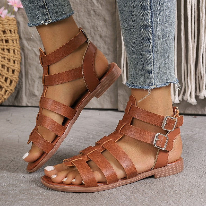 Women’s Flat Sandals – Faux Leather – Roman Style – Open Toe – Buckled Strap