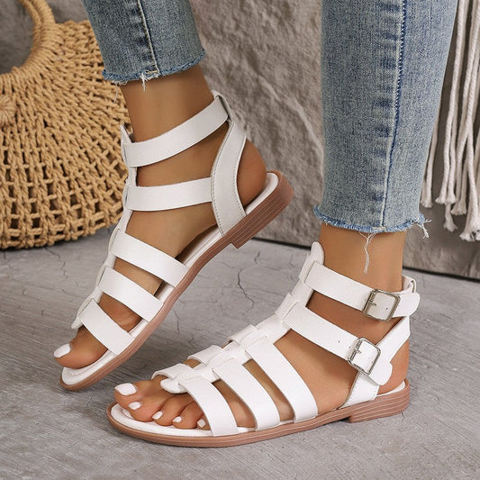 Women’s Flat Sandals – Faux Leather – Roman Style – Open Toe – Buckled Strap