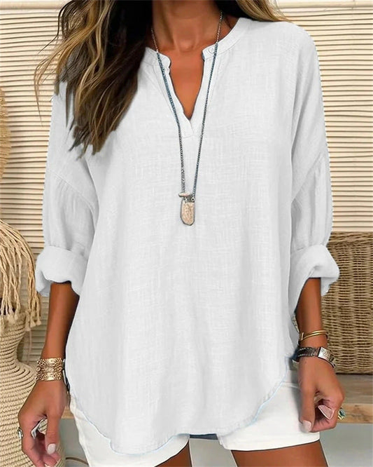 Women’s Long Sleeve Shirt – Cotton Linen Blend – Relaxed Fit – Stand Collar Casual Top