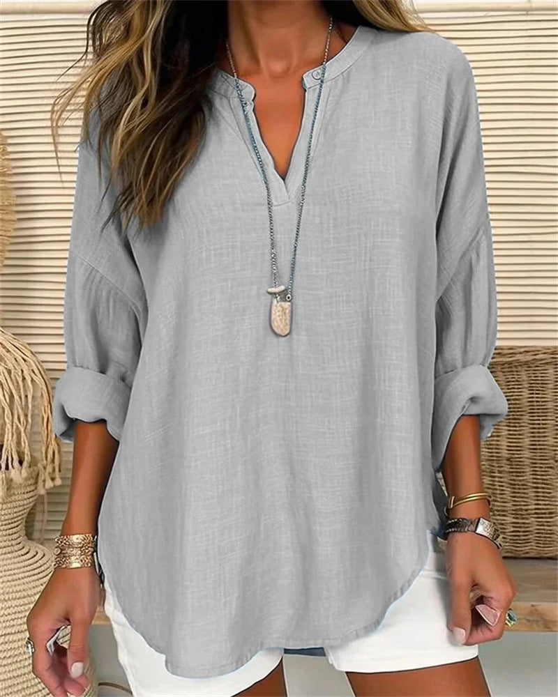 Women’s Long Sleeve Shirt – Cotton Linen Blend – Relaxed Fit – Stand Collar Casual Top