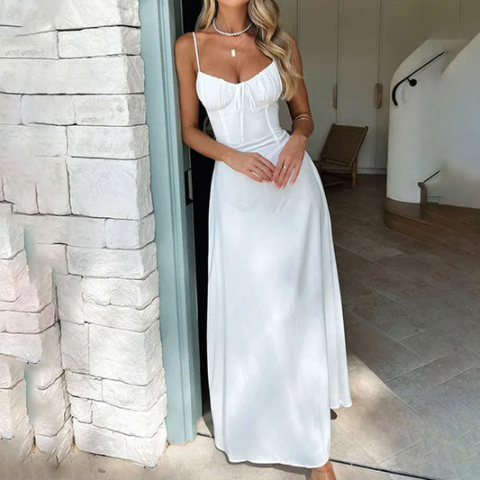 Women’s A-Line Dress – Satin Feel – Ruched Bodice – Strappy – Full Length Elegant Fit