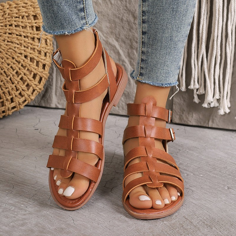 Women’s Flat Sandals – Faux Leather – Roman Style – Open Toe – Buckled Strap