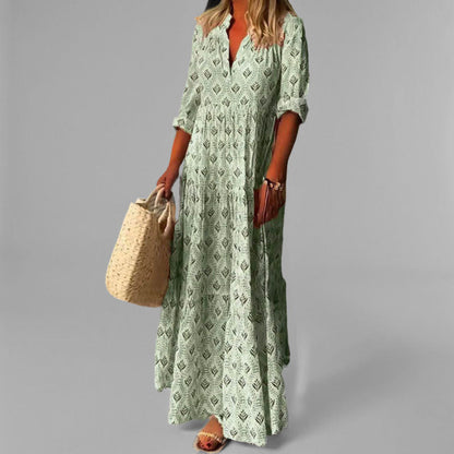 Women’s Maxi Dress - Loose Fit – V-Neck – Vintage Print – 3/4 Sleeve