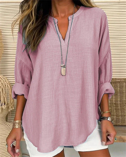Women’s Long Sleeve Shirt – Cotton Linen Blend – Relaxed Fit – Stand Collar Casual Top