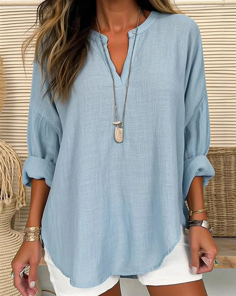 Women’s Long Sleeve Shirt – Cotton Linen Blend – Relaxed Fit – Stand Collar Casual Top